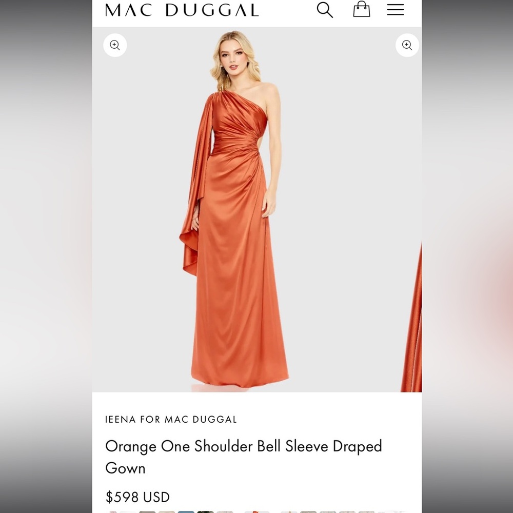 Mac Duggal Orange One Shoulder Bell Sleeve Draped Gown.